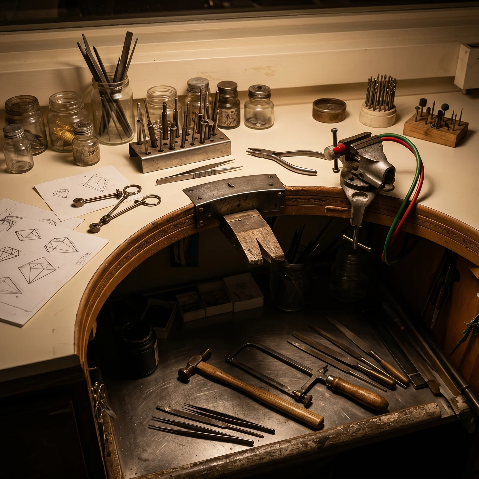 Tools and sketches at the jeweller’s workbench